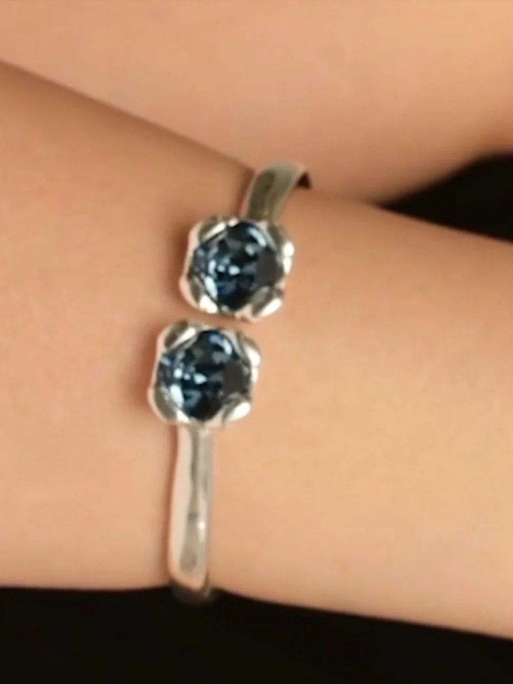 Silver Open Bracelet with Blue Crystal Accents